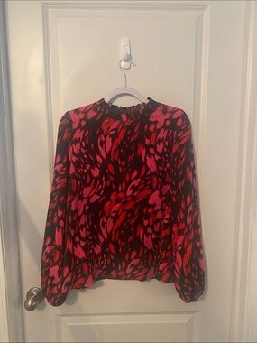 Long-Sleeve Red & Pink Printed Ruffle-Neck Blouse